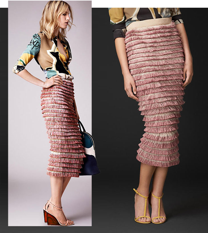 burberry prorsum ss 2015 hand painted layerd fringe pencil skirt