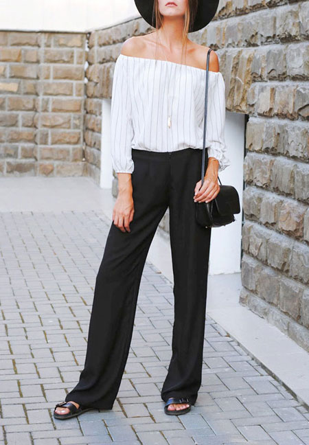 how to wear off the shoulder top - black pants