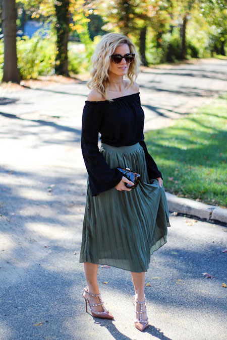 how to wear off the shoulder top - pleated midi skirt
