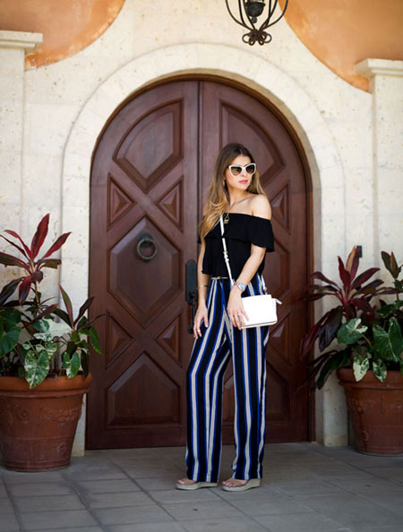 how to wear off the shoulder top - patterned pants
