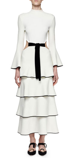 Proenza Schouler Bell-Sleeve Tiered Maxi Dress W/Cutout