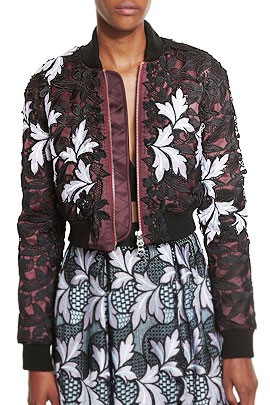 Self Portrait Floral-Lace Satin Cropped Bomber Jacket