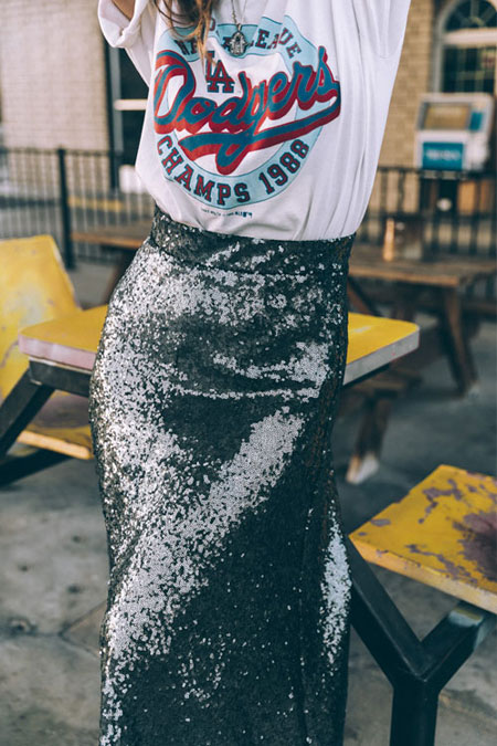White Graphic T Shirt + Metallic Midi Skirt | Lovika Outfit Ideas #Tee #OOTD