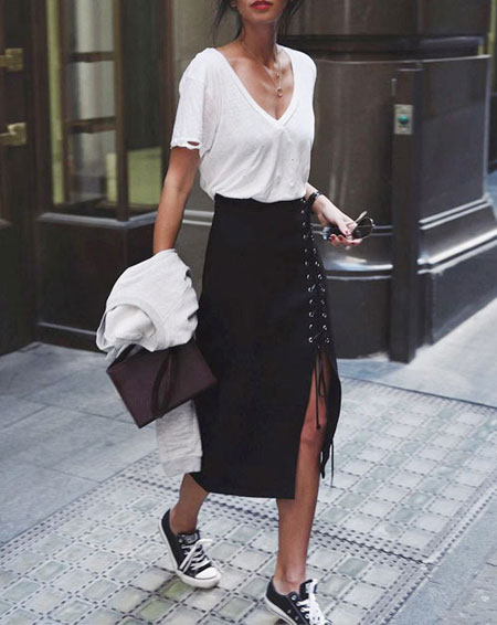 White T Shirt + Midi Skirt | Lovika Outfit Ideas #Tee #OOTD