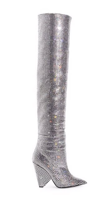 LOVIKA | Saint Laurent Niki over-the-knee crystal silver metallic boots
