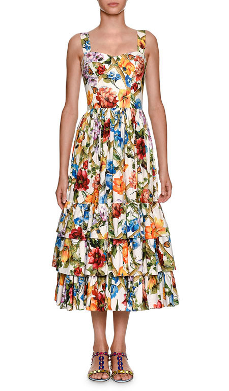 LOVIKA | Dolce & Gabbana Sleeveless Bamboo Climbing Flowers-Print Midi Floral Dress